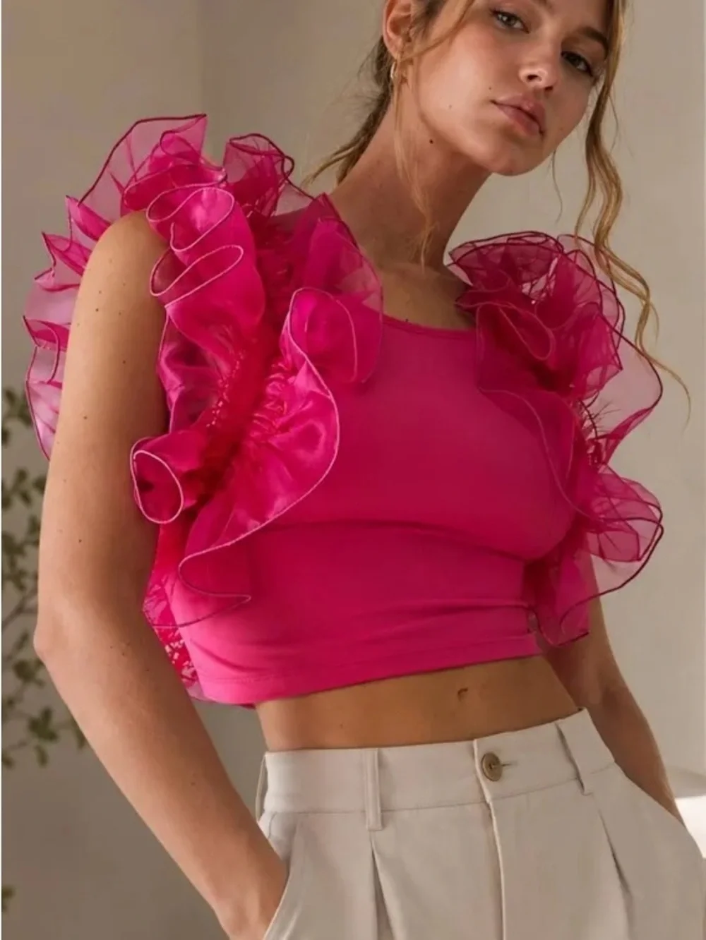 Free People Fuchsia Ruffled Organza Crop Top